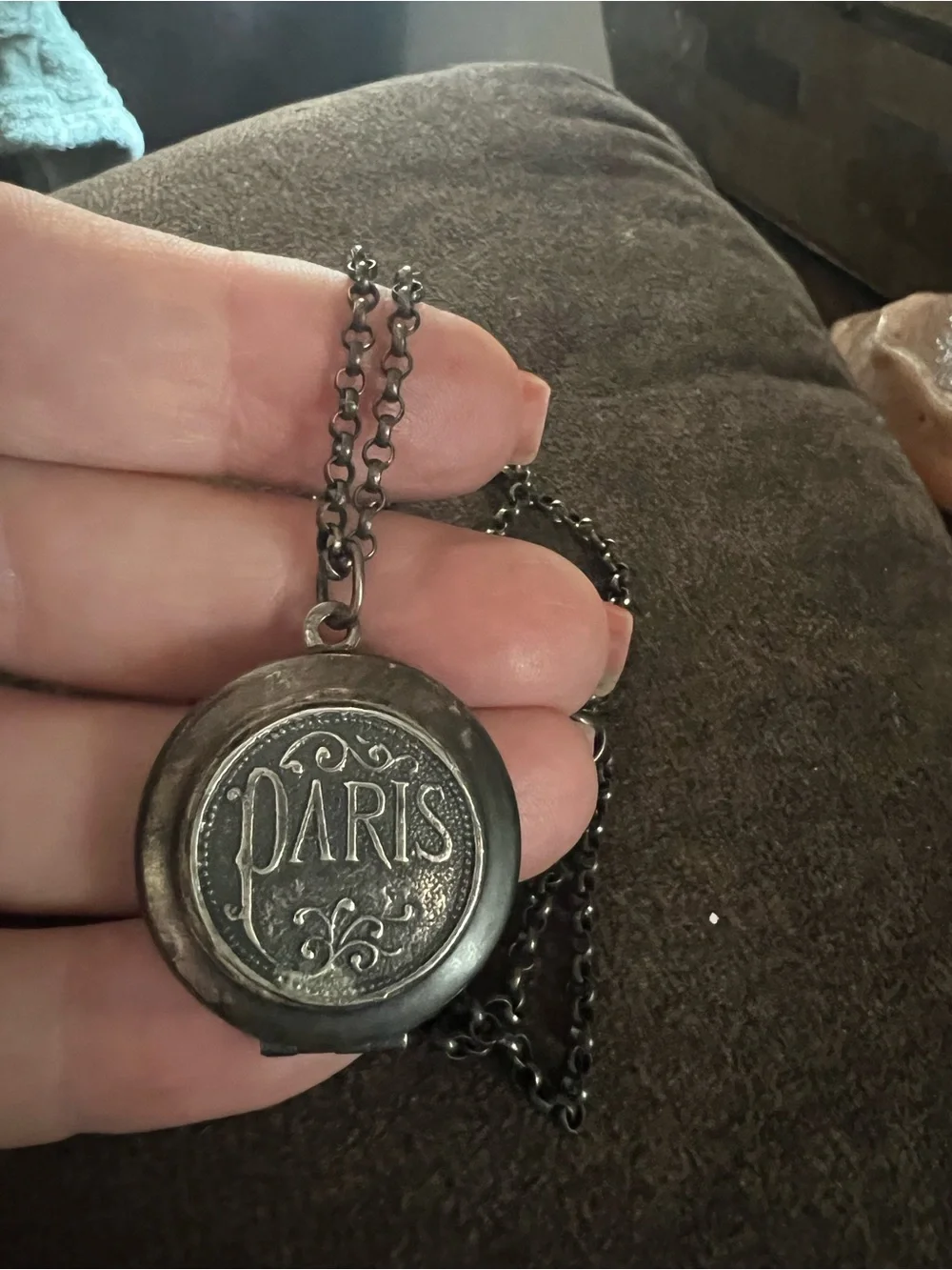 Catherine Popesco Dark Silver 'PARIS' Engraved Locket Necklace